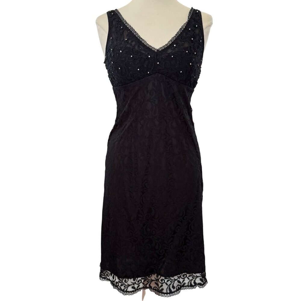 Black Y2K Sleeveless Formal Dress Sequin Lace Bodice Babydoll‎ V Neck & Back 8